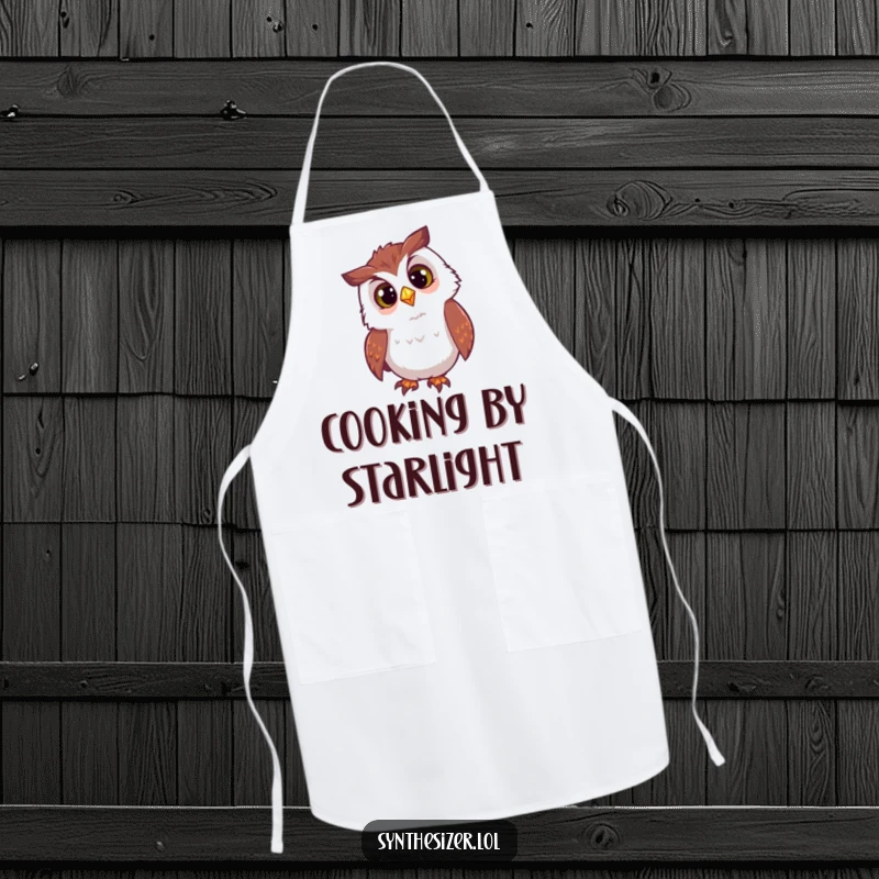 Funny owl chef apron with a curious head tilt, looking at a flashing DJ light, perfect for adding humorous nocturnal flair to cooking.