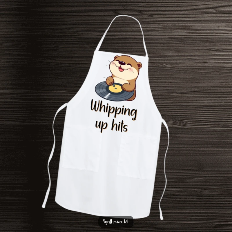 Funny Otter DJ Apron: A happy otter is pictured joyfully scratching a vinyl record on a turntable, ready for kitchen beats.