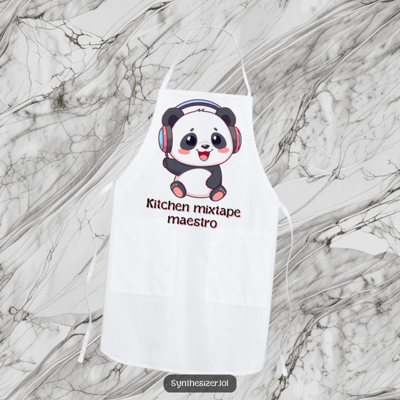 Funny Panda DJ Apron: A delighted panda wearing large headphones is enthusiastically bopping its head, ready for kitchen beats.