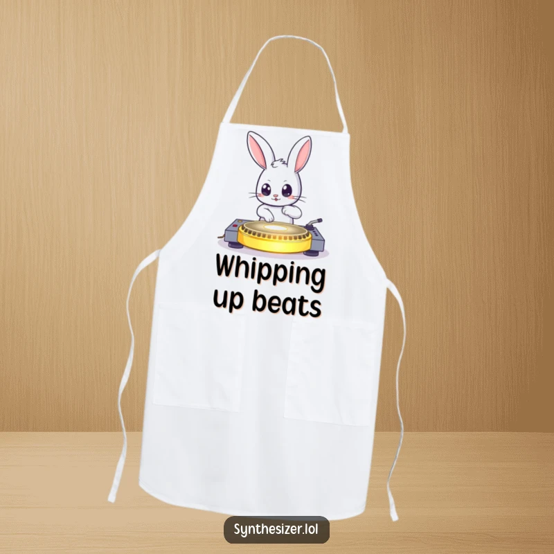 Funny bouncing bunny DJing on a glowing turntable with wide eyes on an apron, perfect funny gift.