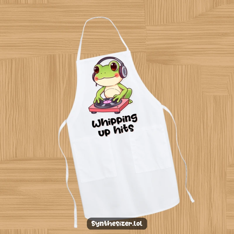 Funny frog DJ apron with headphones, tapping a turntable, perfect for adding humorous musical flair to cooking activities.