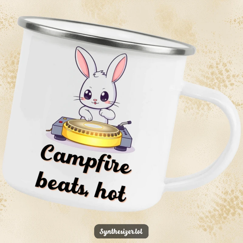 Funny bouncing bunny DJing on a glowing turntable with wide eyes on a camping mug, perfect funny gift.