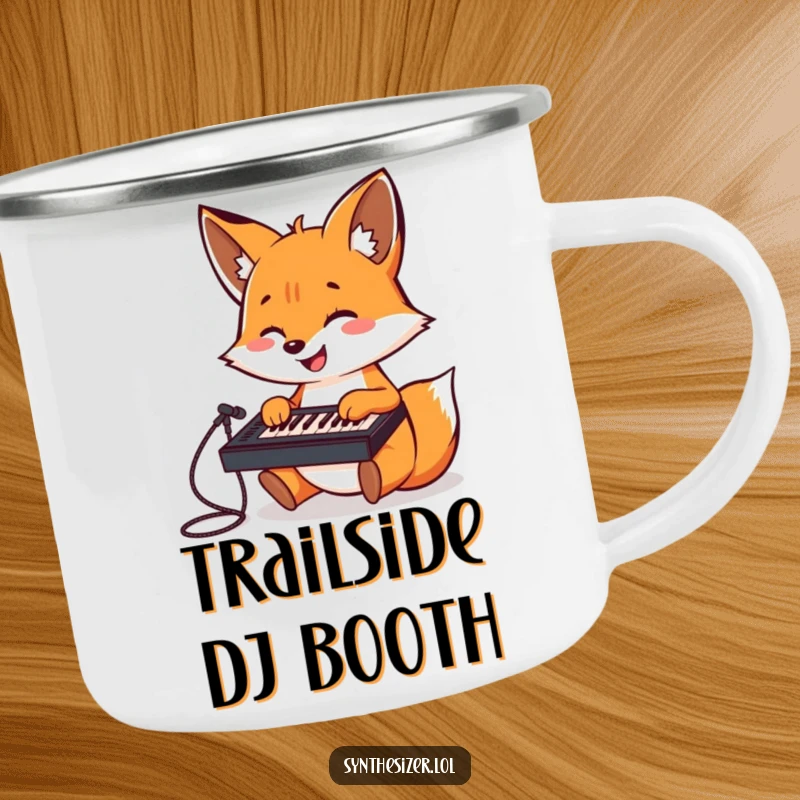 Funny Fox DJ Camping Mug: A cheerful fox gleefully plays a tiny keyboard mixer, perfect for enjoying drinks outdoors.