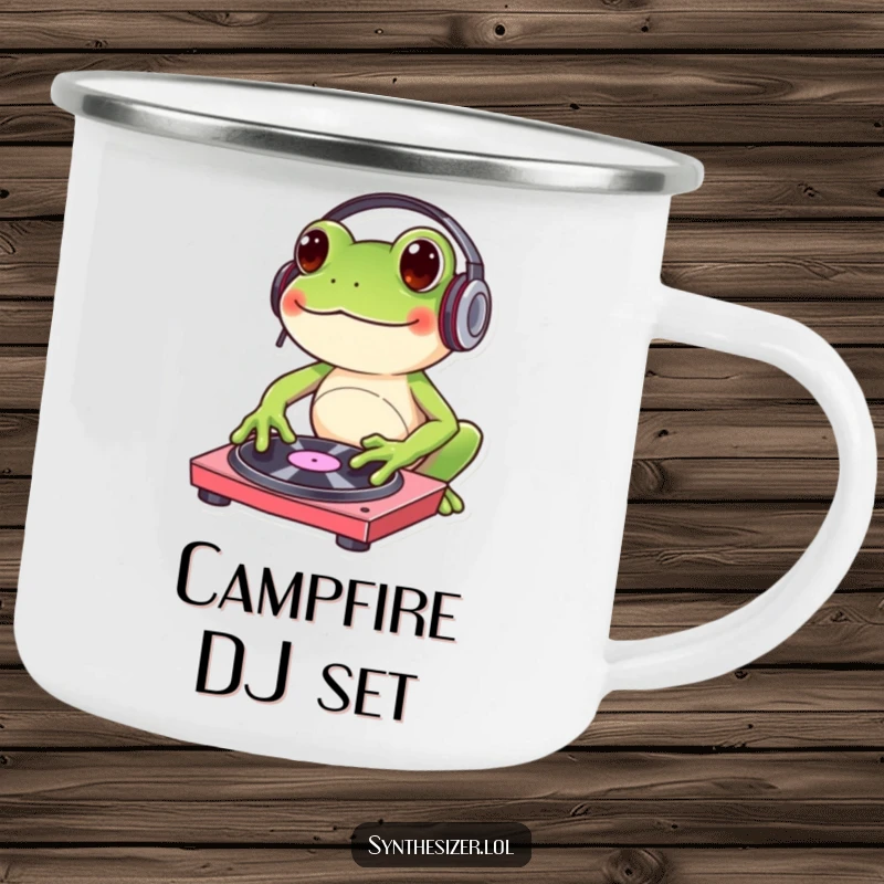 Funny frog DJ camping mug with headphones, tapping a turntable, perfect for outdoor enthusiasts who enjoy music and humor.
