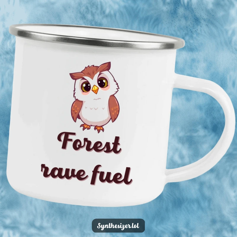 Funny owl camping mug with a curious head tilt, looking at a flashing DJ light, perfect for outdoor enthusiasts who enjoy nocturnal themes.