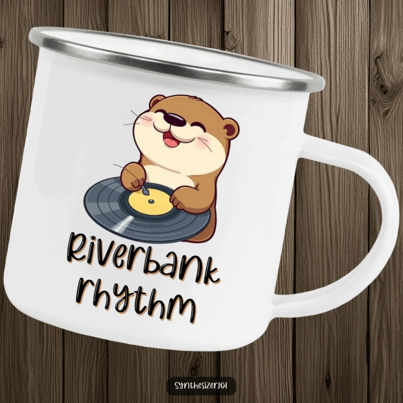 Funny Otter DJ Camping Mug: A happy otter joyfully scratches a vinyl record on a turntable, perfect for enjoying drinks outdoors.