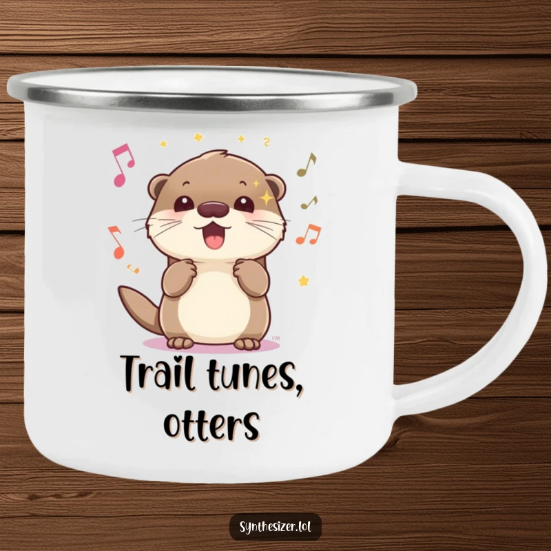 Funny energetic otter camping mug with sparkling eyes, bopping head to music, perfect for outdoor enthusiasts who enjoy cheerfulness.