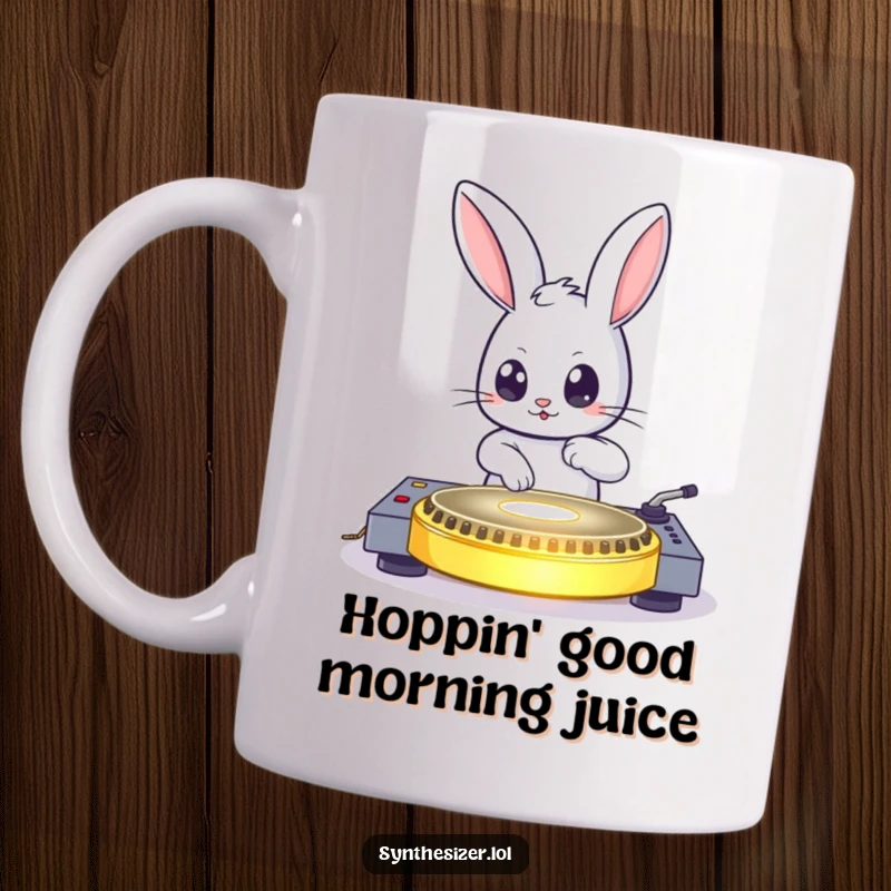 Funny bouncing bunny DJing on a glowing turntable with wide eyes, perfect for a funny mug gift.