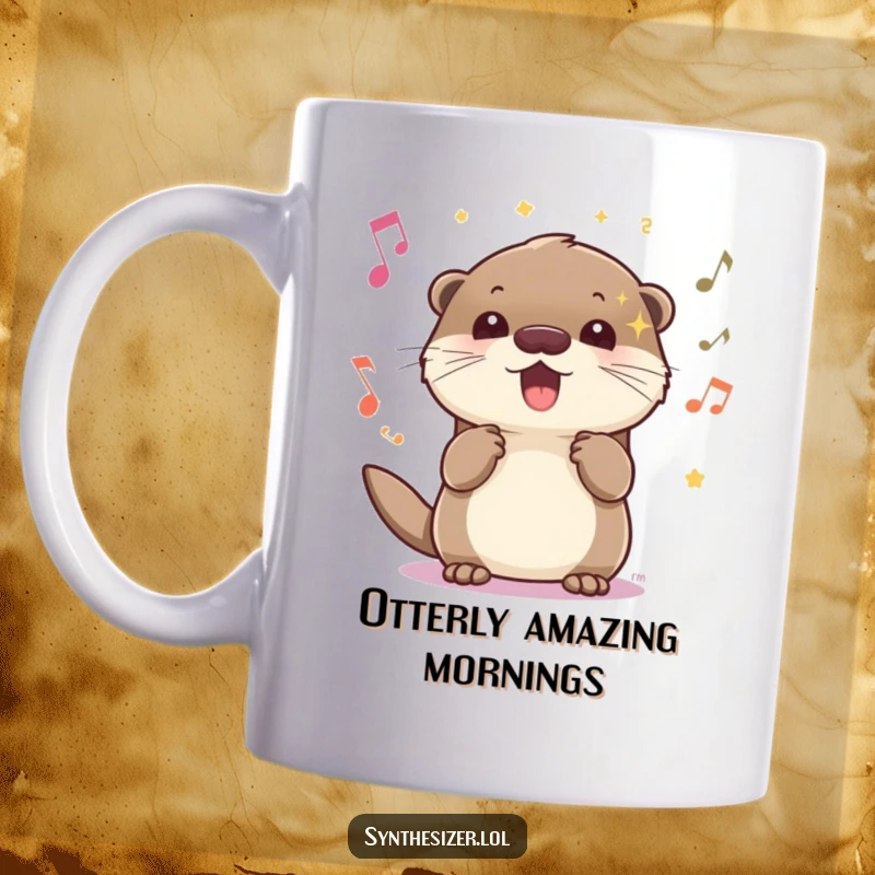 Funny energetic otter mug with sparkling eyes, bopping its head to upbeat music, conveying pure joy and love for tunes.