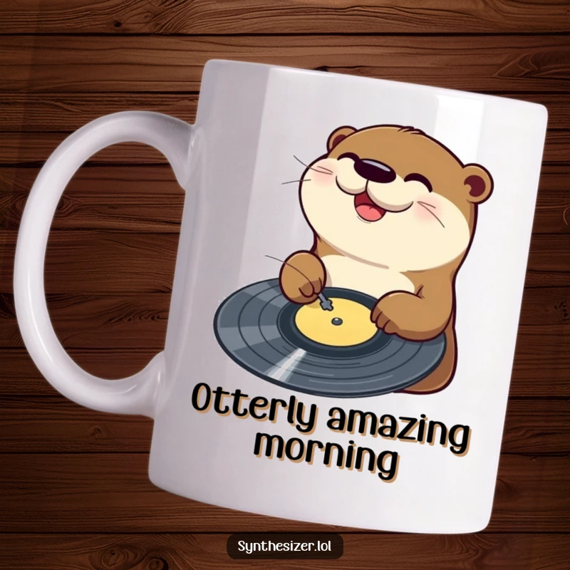 Funny Otter DJ Mug: A happy otter joyfully scratches a vinyl record on a turntable, showcasing its love for music.