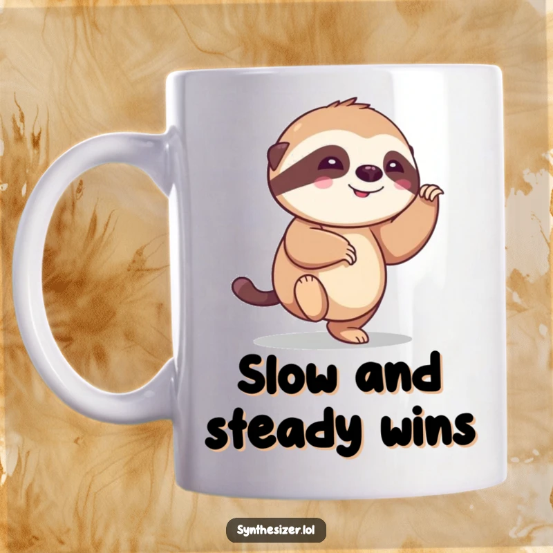 Funny sloth mug with a smiling sloth energetically tapping its foot to an imaginary rhythm, radiating pure joy and humor.