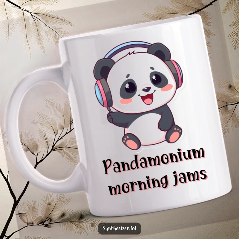 Funny Panda DJ Mug: A delighted panda wearing large headphones, enthusiastically bopping its head to the music, radiating joy.