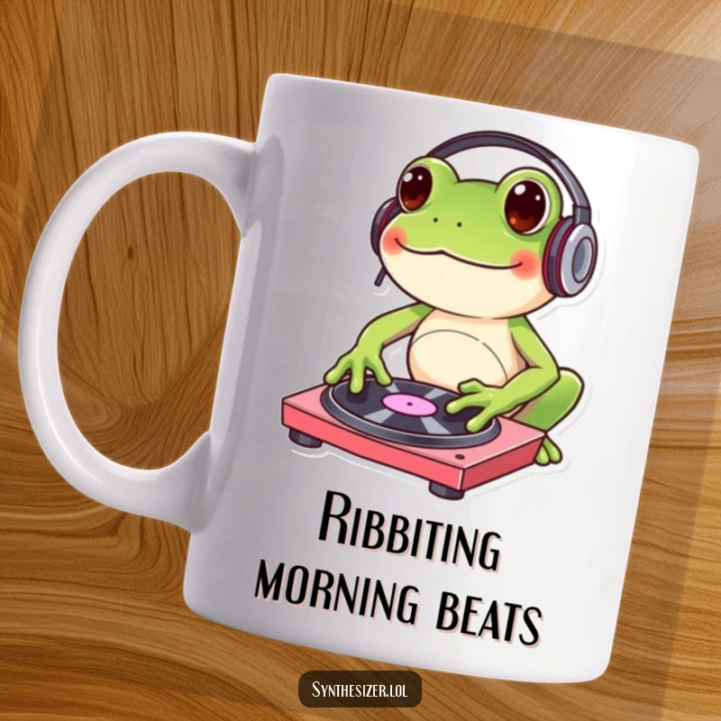 Funny frog mug with headphones happily tapping a turntable, showcasing a joyful, music-loving personality and DJ skills.