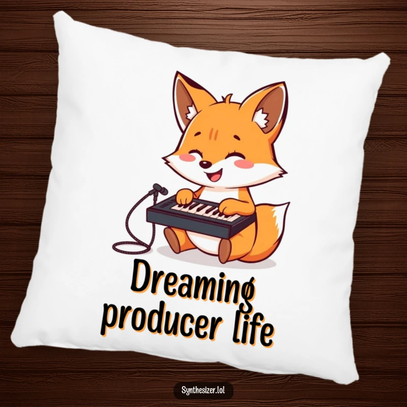 Funny Fox DJ Pillow: A cheerful fox is shown gleefully playing a tiny keyboard mixer, bringing creative vibes to relaxation.