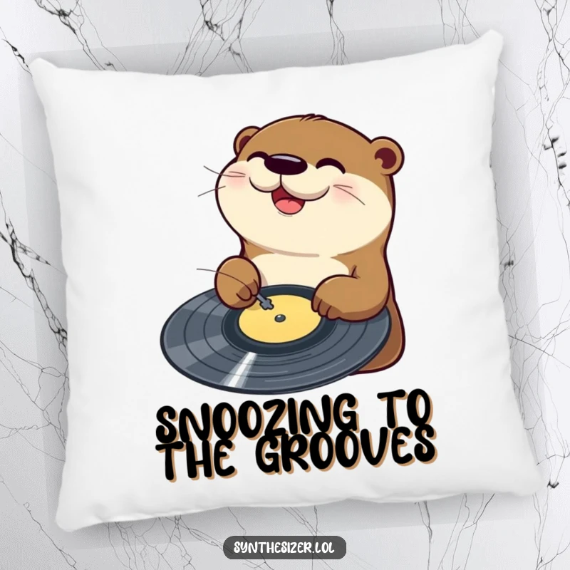 Funny Otter DJ Pillow: A happy otter is shown joyfully scratching a vinyl record on a turntable, bringing musical vibes to relaxation.