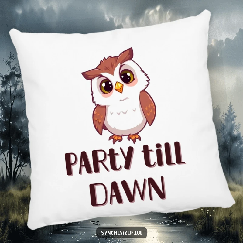 Funny owl DJ pillow with a curious head tilt, looking at a flashing DJ light, offering humorous comfort and nocturnal decor.