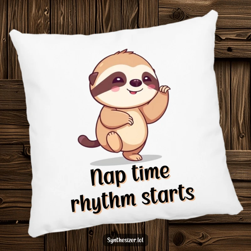 Funny sloth pillow featuring a smiling sloth in mid-tap, its foot tapping to an unheard beat, offering a humorous and plush accent.