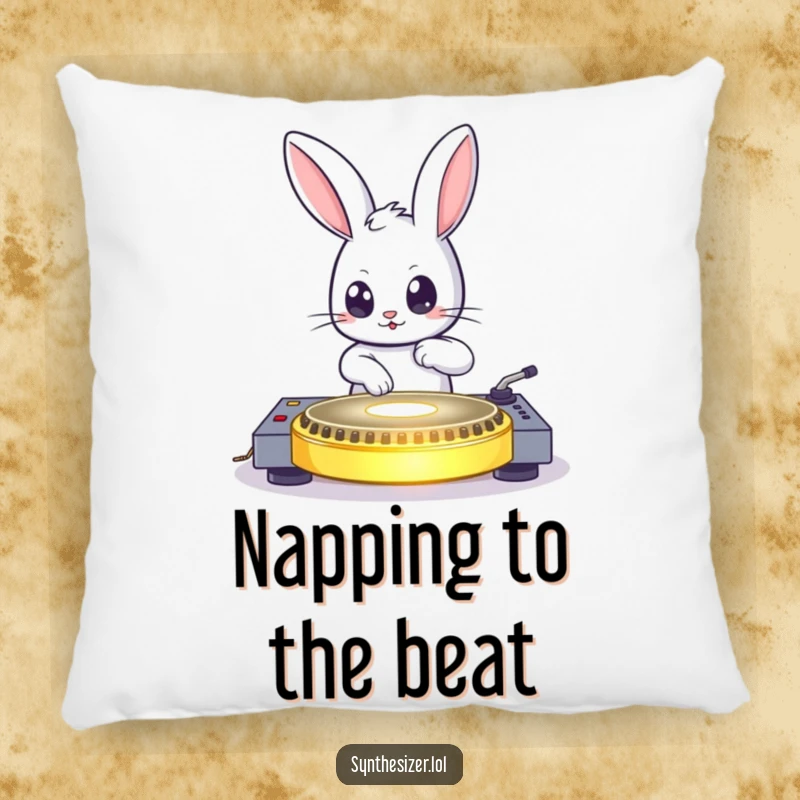 Funny bouncing bunny DJing on a glowing turntable with wide eyes on a pillow, perfect funny gift.