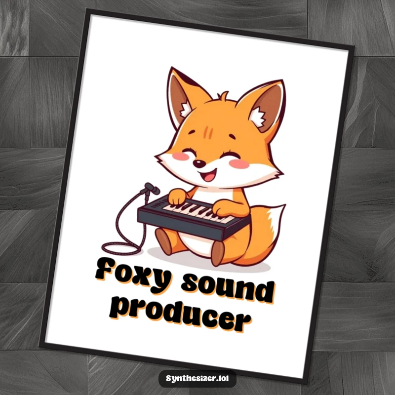 Funny Fox DJ Digital Art: A cheerful fox gleefully plays a tiny keyboard mixer, creating a vibrant and fun electronic music-themed artwork.