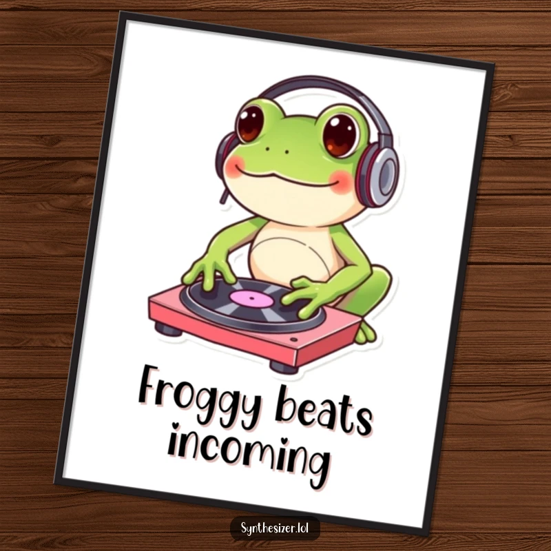 Funny frog DJ digital art print with headphones, joyfully tapping a turntable, ready for instant download and printing.