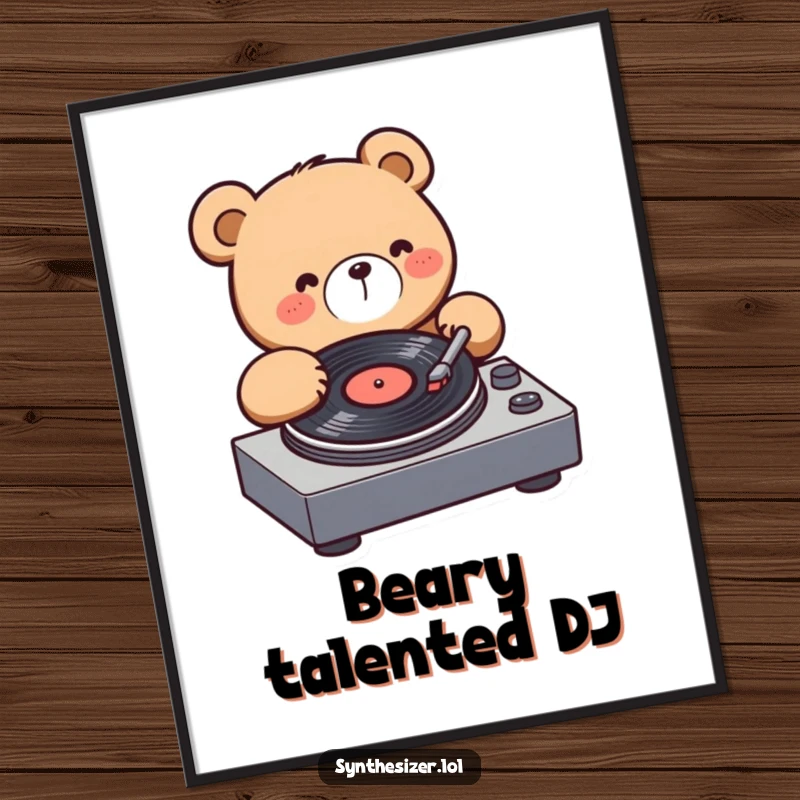 Funny Bear DJ Digital Art: A kawaii bear enthusiastically spins a record on a turntable, creating a vibrant and joyous music-themed artwork.