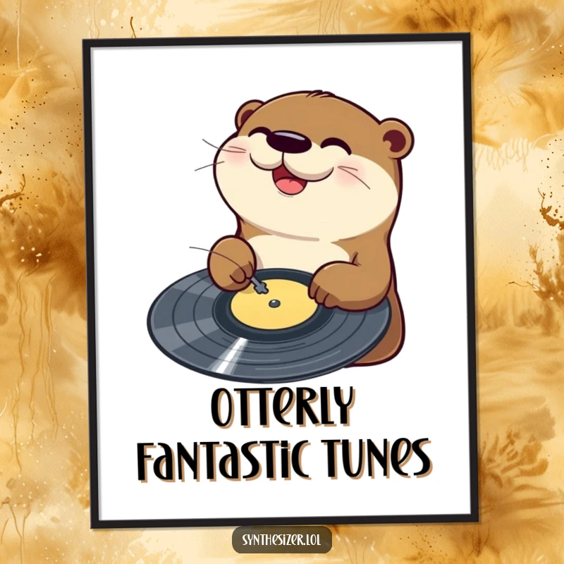 Funny Otter DJ Digital Art: A happy otter joyfully scratches a vinyl record on a turntable, creating a dynamic and fun music-themed artwork.