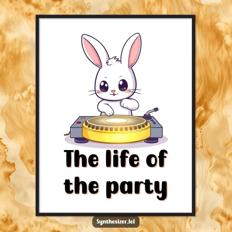 Funny bouncing bunny DJing on a glowing turntable with wide eyes, instant download funny digital art print, perfect gift.