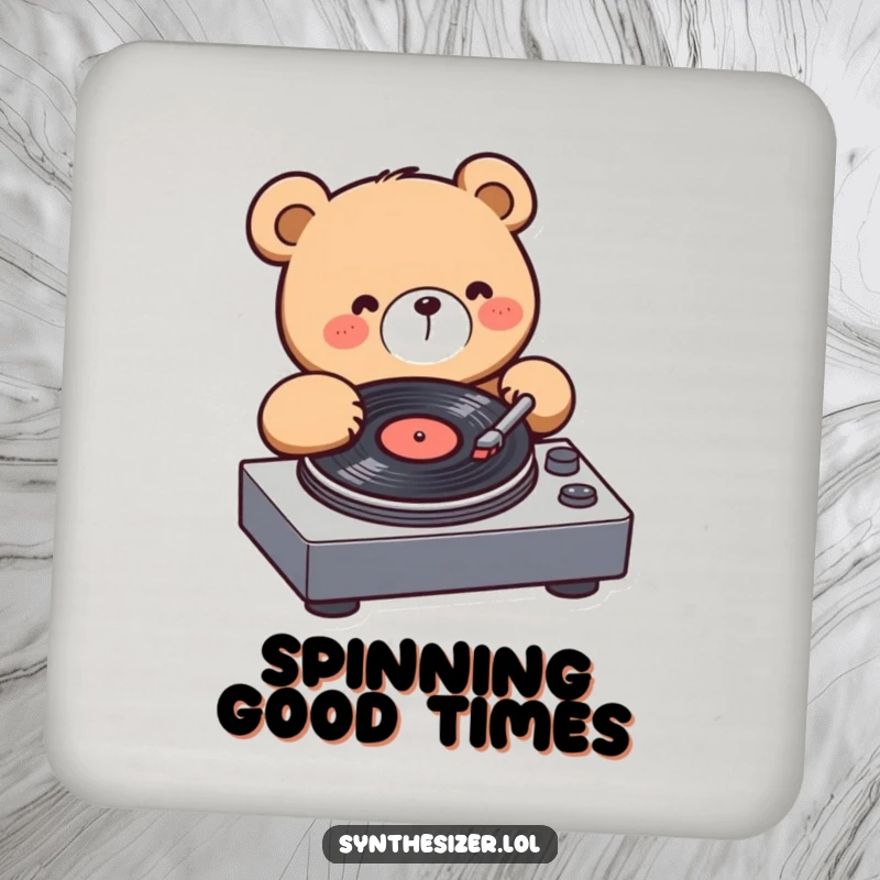 Funny Bear DJ Drink Coaster: A cute kawaii bear spins a record on a turntable, adding a fun, musical element to table protection.