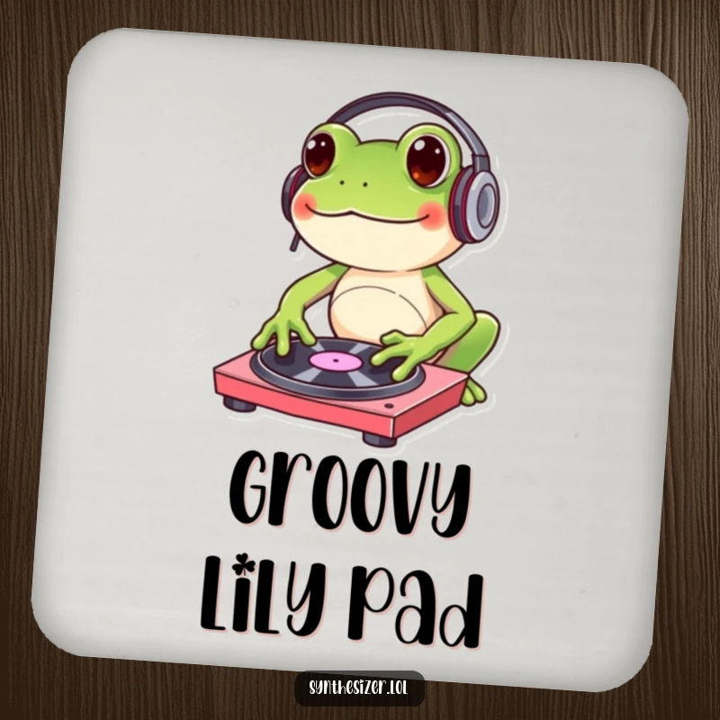 Funny frog DJ drink coaster with headphones, tapping a turntable, offering humorous musical protection for surfaces.