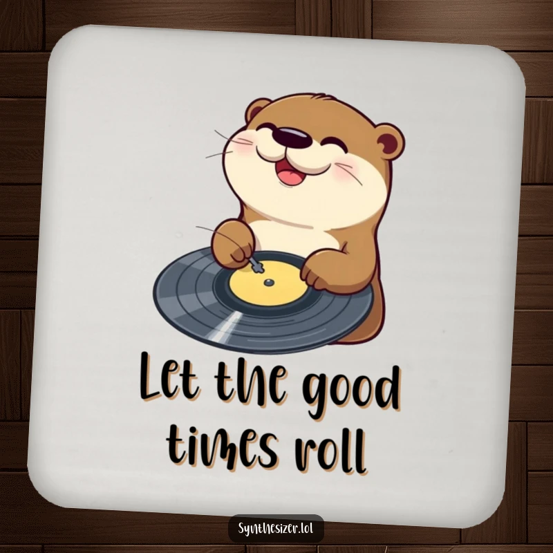 Funny Otter DJ Drink Coaster: A happy otter joyfully scratches a vinyl record on a turntable, adding a fun, musical element to table protection.