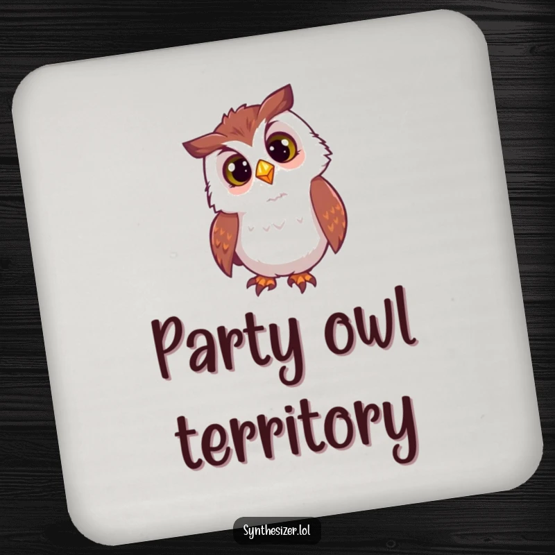 Funny owl drink coaster with a curious head tilt, looking at a flashing DJ light, offering humorous protection for surfaces.