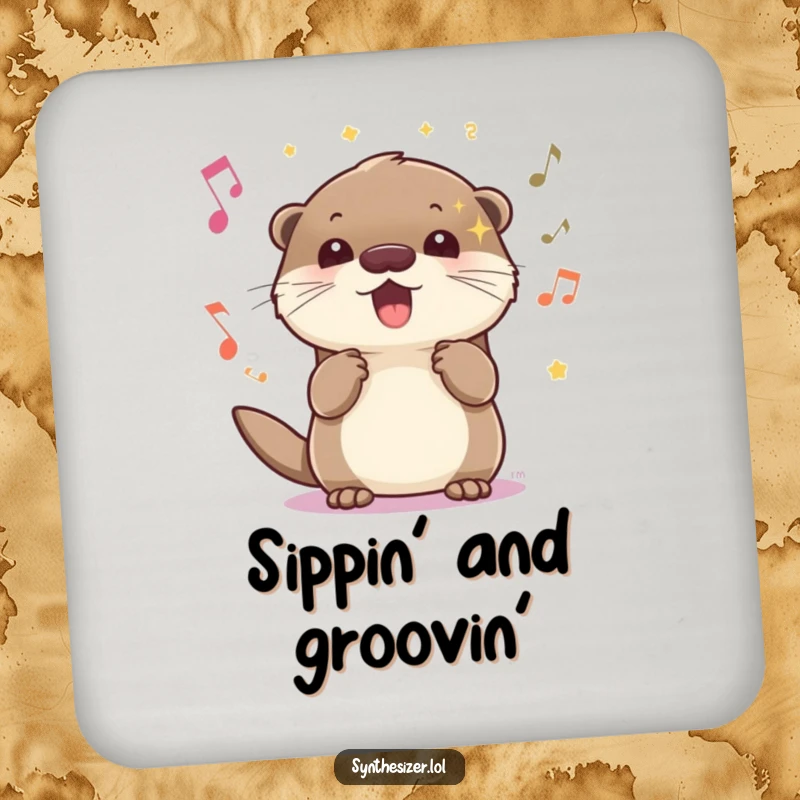 Funny energetic otter drink coaster with sparkling eyes, bopping head to music, offering humorous protection for surfaces.