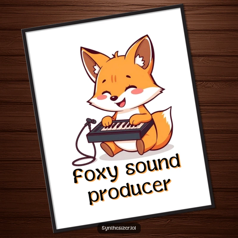 Funny Fox DJ Poster: A cheerful fox gleefully plays a tiny keyboard mixer, creating a dynamic and fun electronic music-themed artwork.