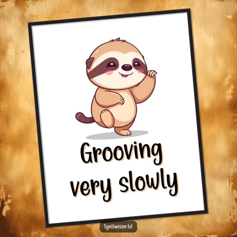 Funny sloth poster of a happy sloth with eyes closed, tapping its foot energetically to a silent, joyful melody, ideal for humor enthusiasts.