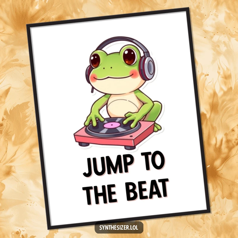 Funny frog DJ poster with headphones, joyfully tapping a turntable, creating a vibrant and humorous music-themed artwork.