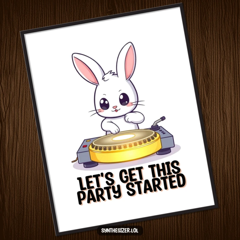 Funny bouncing bunny DJing on a glowing turntable with wide eyes, a vibrant funny poster gift.