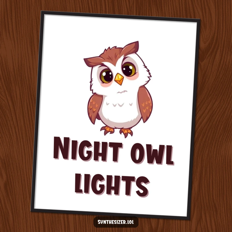 Funny owl DJ poster with a curious head tilt, looking at a flashing DJ light, creating humorous and observant artwork.