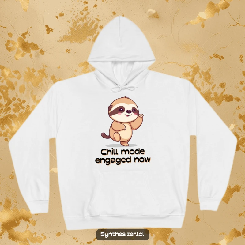 Funny sloth hoodie featuring a smiling sloth enthusiastically tapping its foot to an unseen tempo, radiating relaxed, humorous energy.