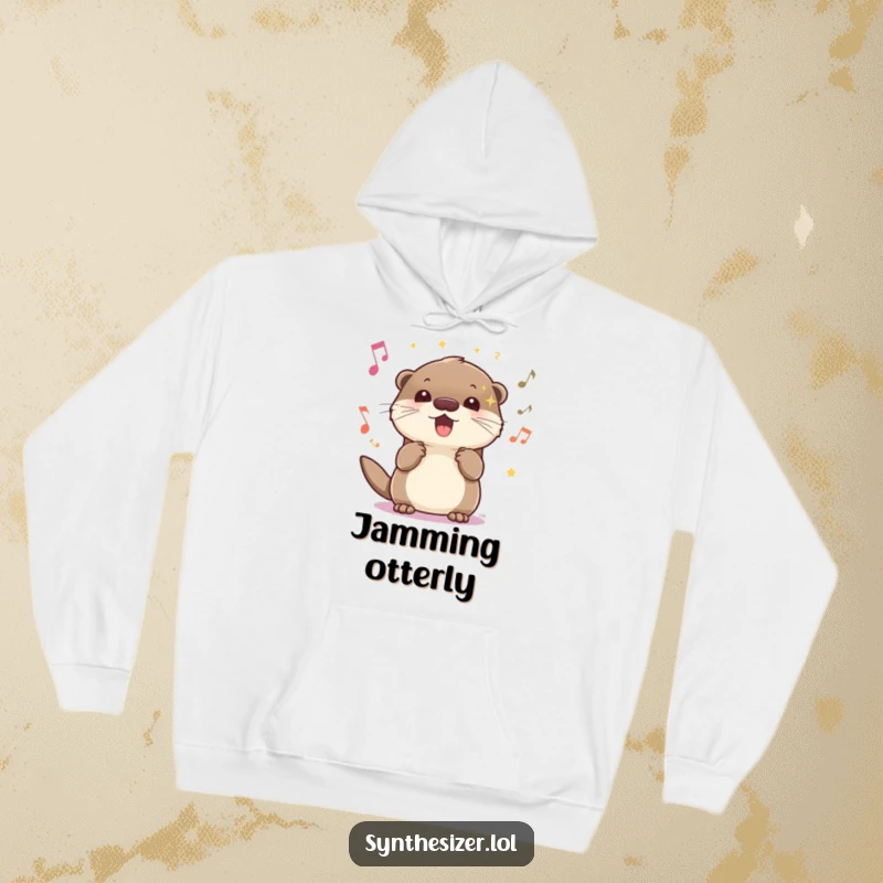 Funny energetic otter hoodie with sparkling eyes, bopping its head to upbeat music, offering cozy enthusiasm and cheerful vibes.