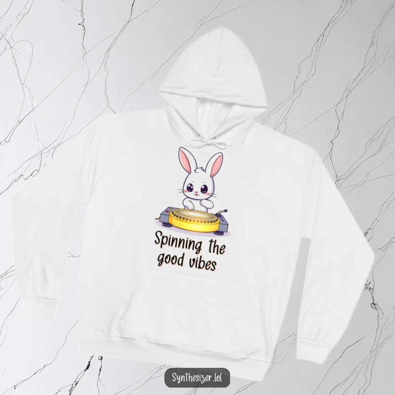Funny bouncing bunny DJing on a glowing turntable with wide eyes on a hoodie, perfect funny gift.