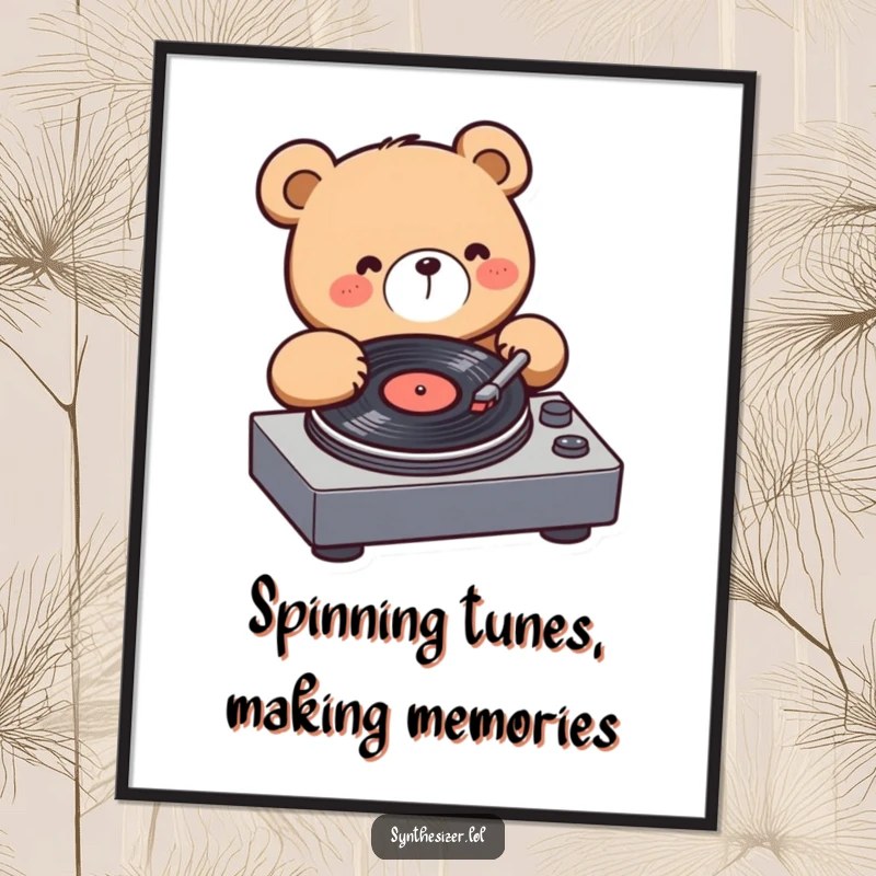Funny Free Printable Wall Art: A kawaii bear passionately spinning a record on a turntable, celebrating music and good times.