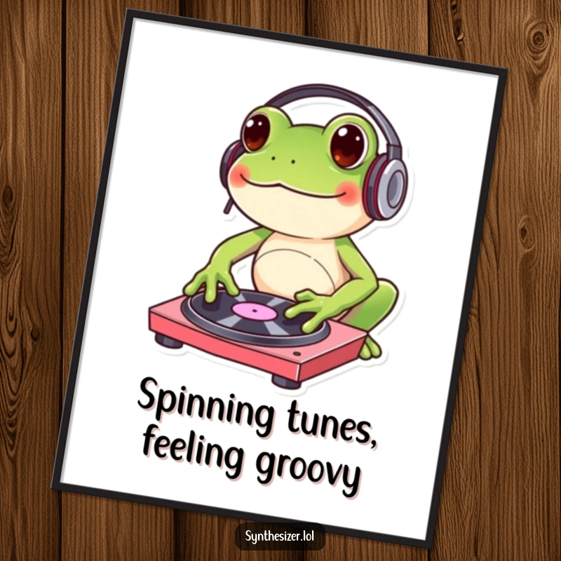 Funny Free Printable Wall Art: A bouncy frog wearing headphones, energetically tapping a DJ turntable.