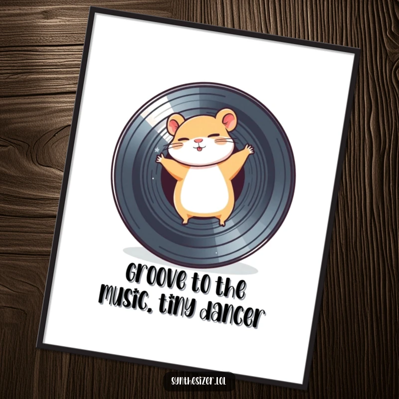 Funny Free Printable Wall Art of a happy hamster spinning with eyes closed on a large vinyl record.