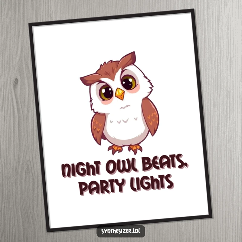 Funny Free Printable Wall Art: A curious owl with tilted head, captivated by a flashing DJ light.