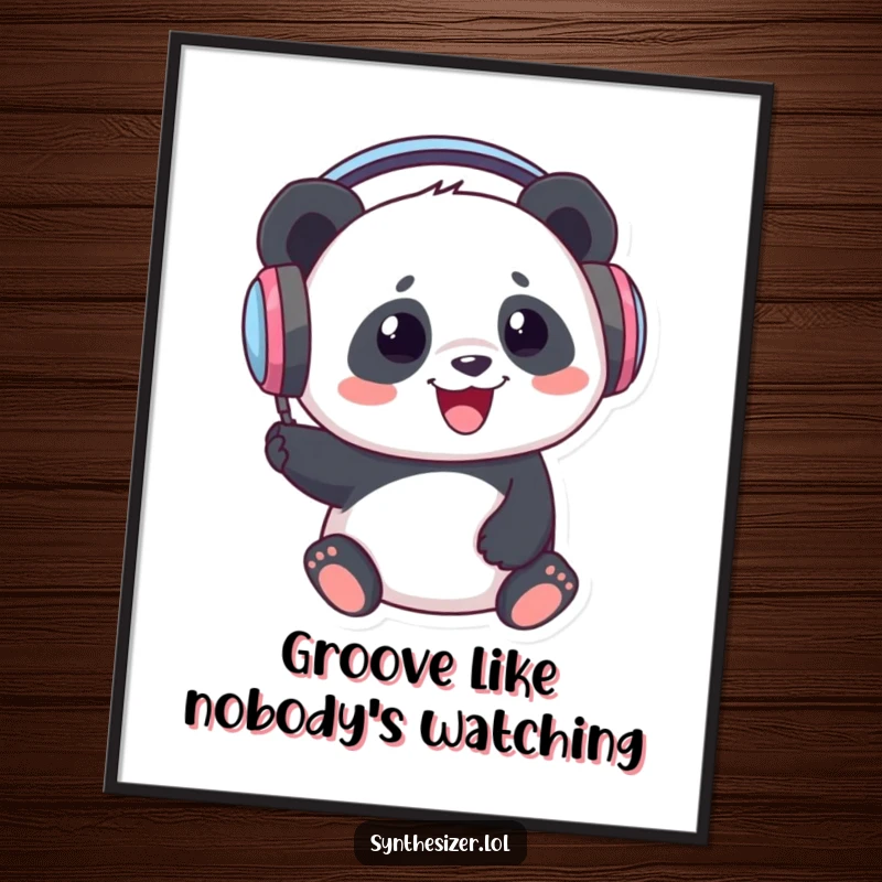 Funny Free Printable Wall Art: A delighted panda wearing oversized headphones, joyfully bopping its head, perfect for music lovers.