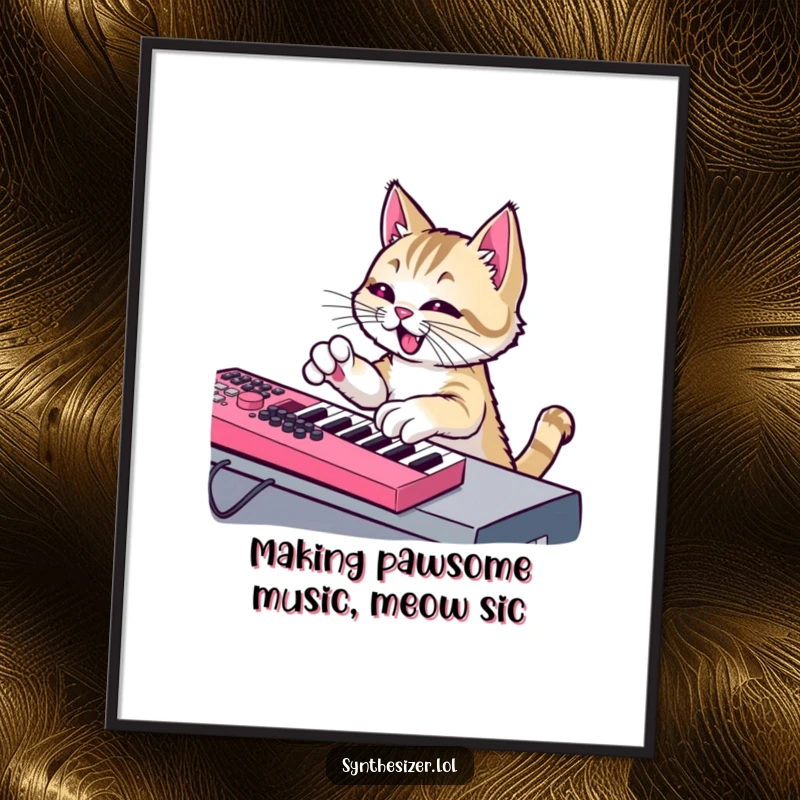 Funny Free Printable Wall Art of a mischievous cat enthusiastically pawing at a synthesizer keyboard.