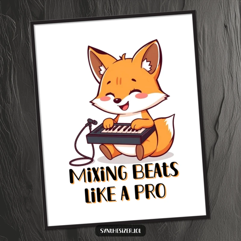 Funny Free Printable Wall Art: A cheerful fox joyfully playing a tiny keyboard mixer, adding a musical and playful touch.