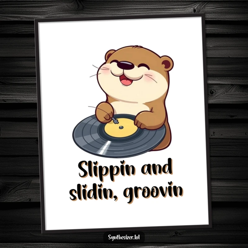 Funny Free Printable Wall Art: A happy otter joyfully scratching a vinyl record, ideal for adding a musical and playful touch.