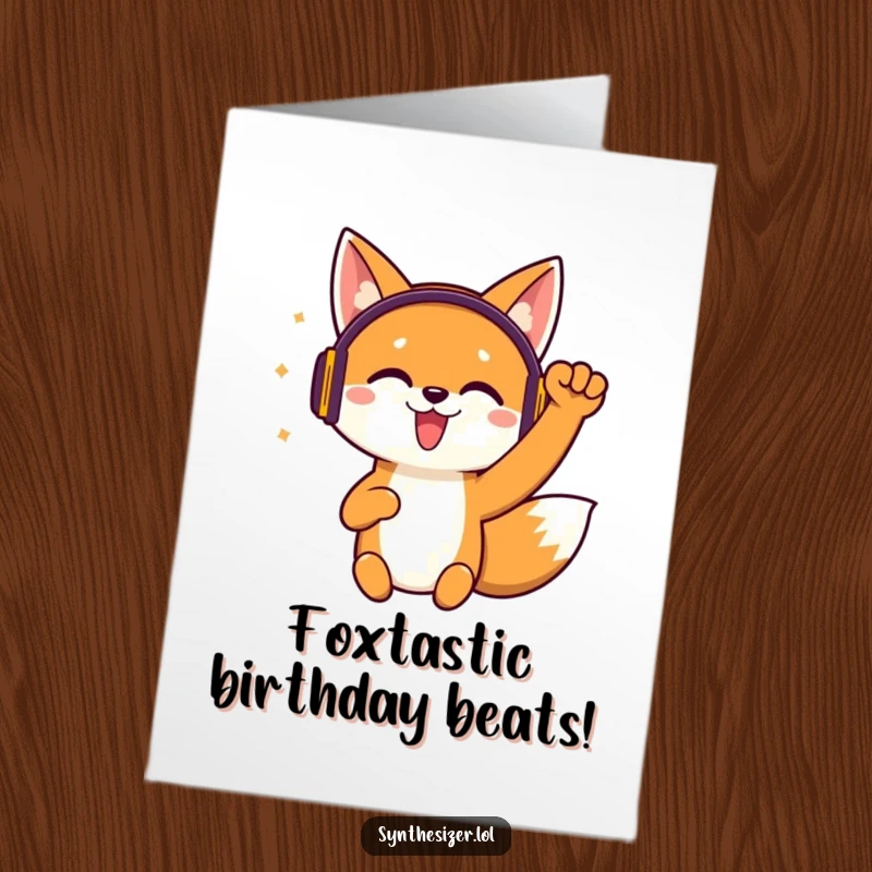 Funny Free Printable Birthday Card featuring a jittery fox in headphones pumping his fist in excitement.