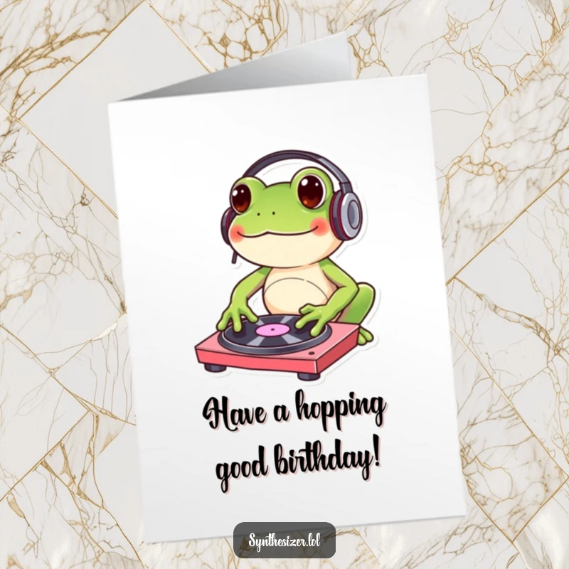 Funny Free Printable Birthday Card: Bouncy frog with headphones expertly spinning records on a turntable.
